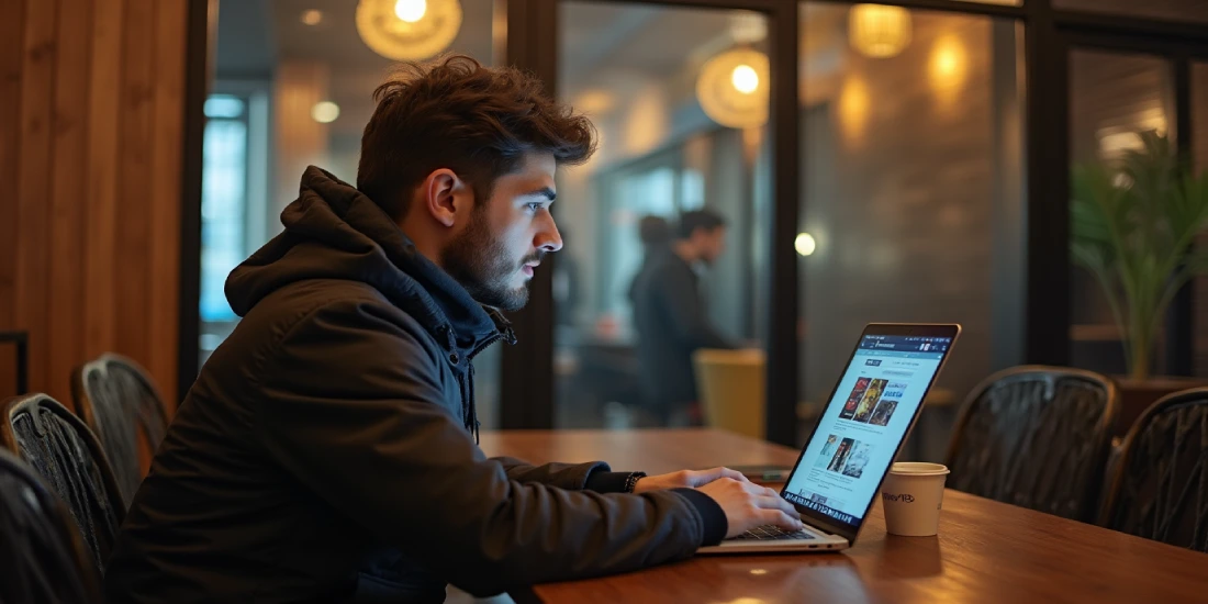 man reading online casino news on laptop